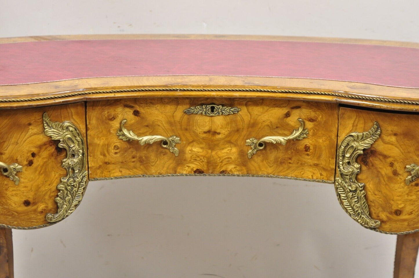 French Louis XV Style Kidney Shaped Leather Top Bronze Mounted 3 Drawer Desk