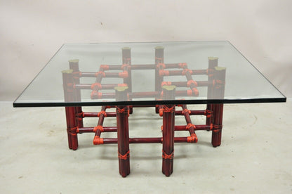 Vintage McGuire Red Rattan Bamboo and Brass Glass Top Square Coffee Table