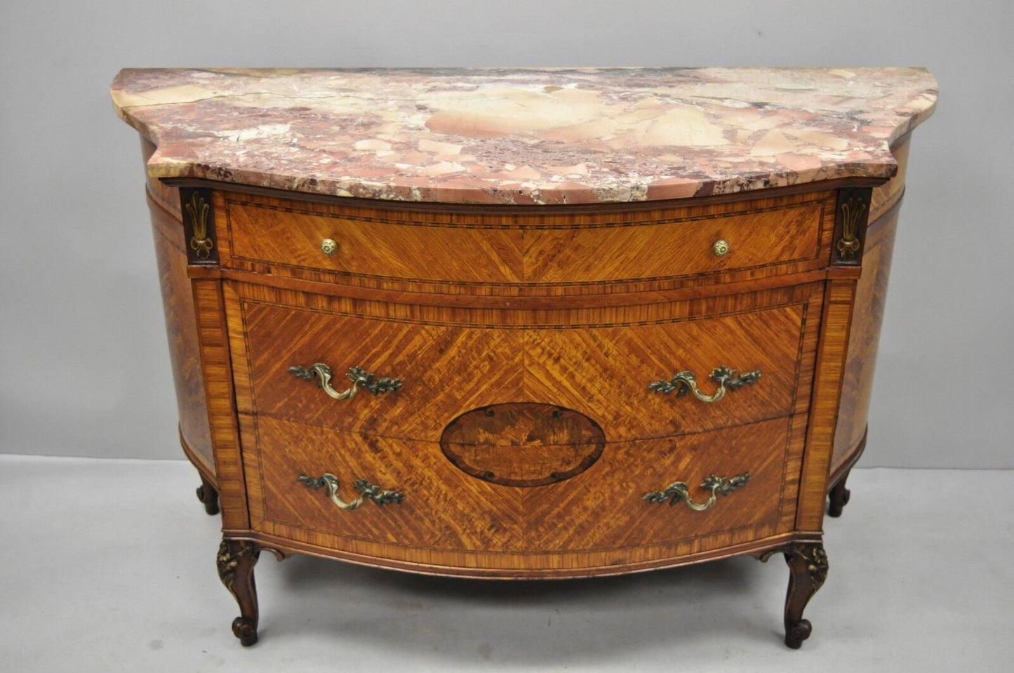 Early 20th C French Louis XV Style Demilune Pink Marble Top Bombe Commode Chest