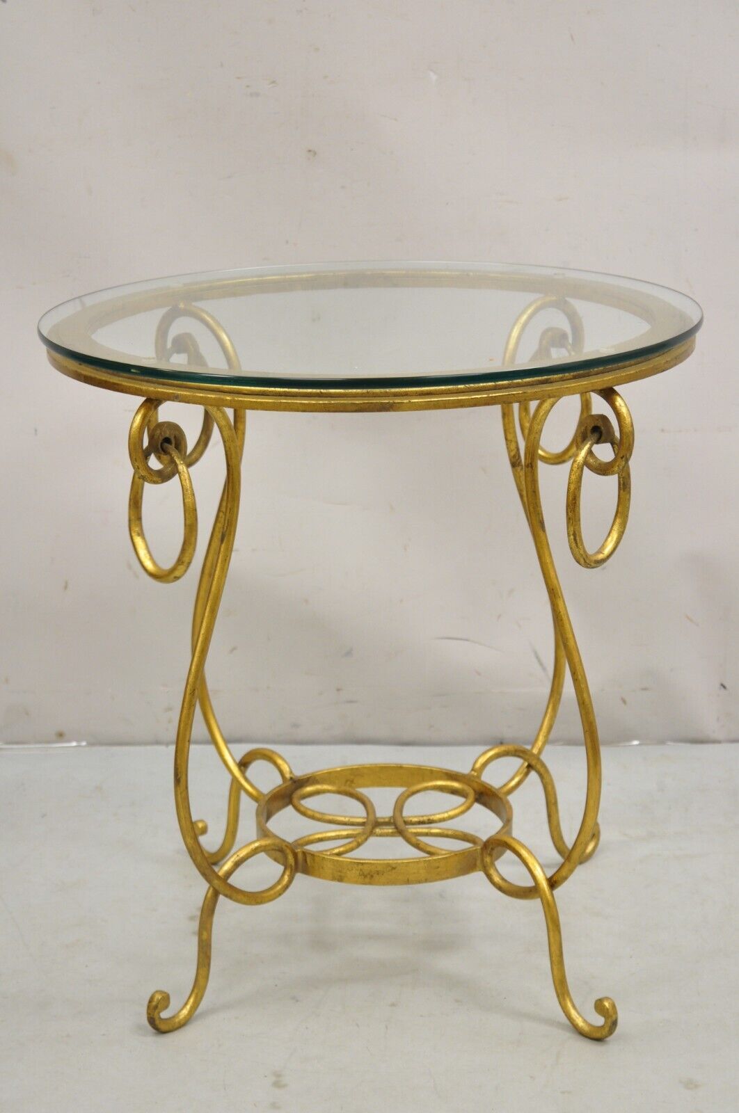 Gold Gilt French René Drouet Style Scrolling Iron Round Glass Accent Side Table