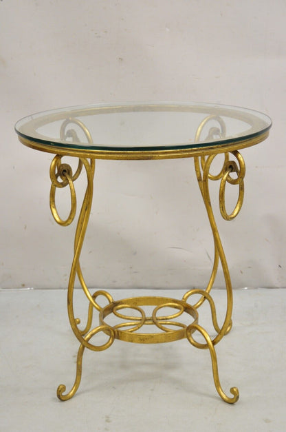 Gold Gilt French René Drouet Style Scrolling Iron Round Glass Accent Side Table