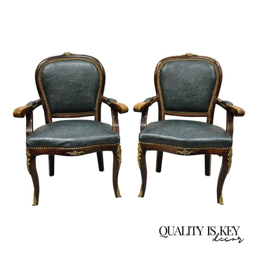 Vintage French Louis XV Style Solid Wood Bronze Ormolu Arm Chairs - a Pair