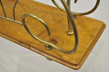 Antique English Victorian Brass and Oak Wood Scrolling Magazine Rack