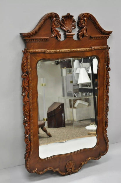 Vintage Chippendale Style Shell Carved Mahogany Broken Arch Wall Mirror