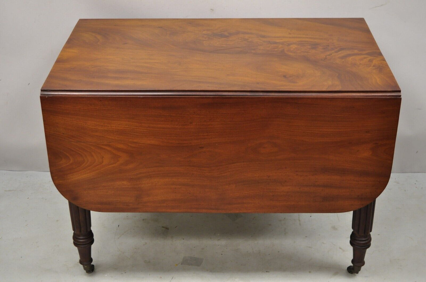 19th C Crotch Mahogany Federal Drop Leaf Breakfast Dining Table w/ Drawer