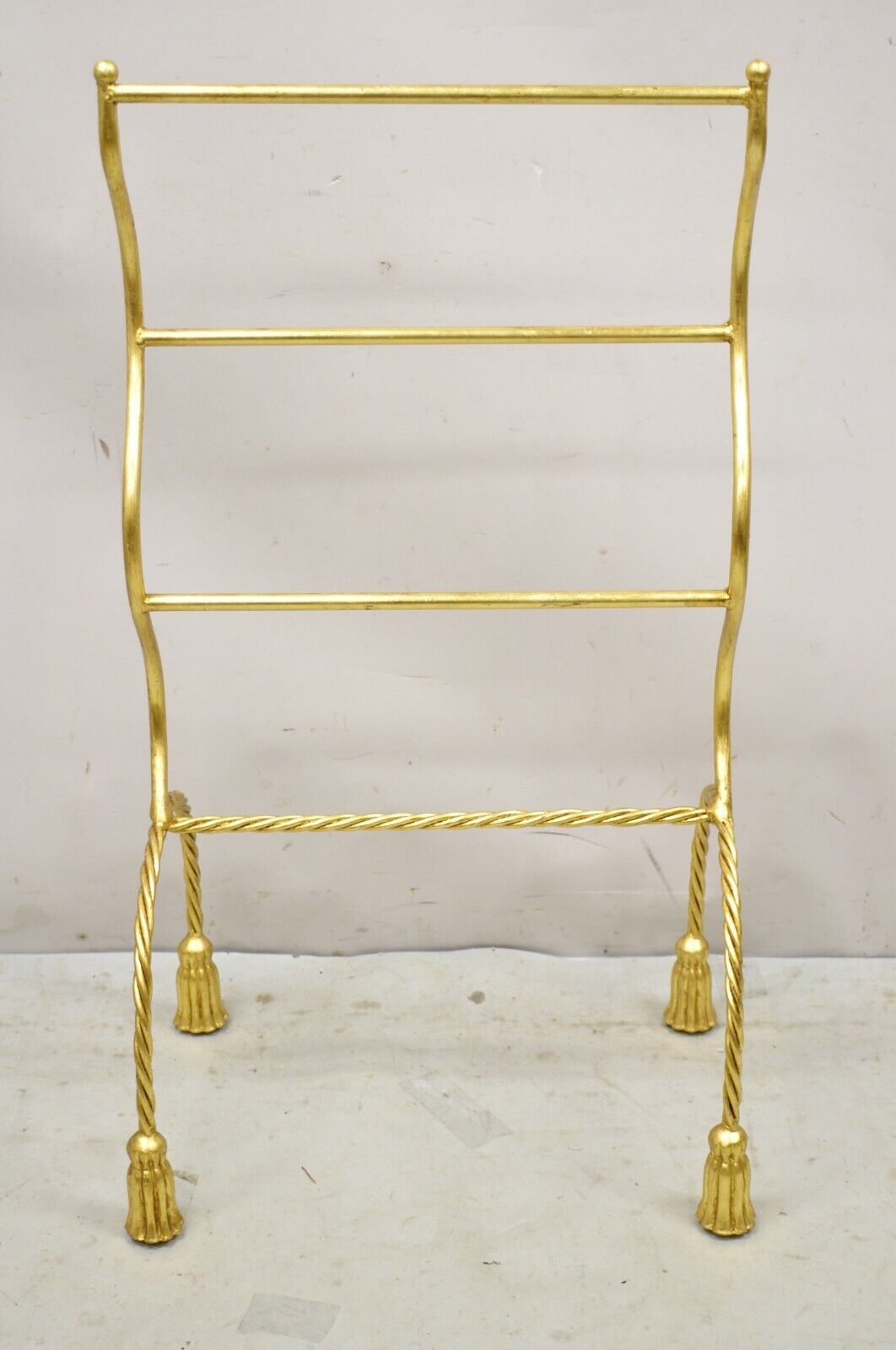 Vtg Italian Hollywood Regency Gold Gilt Metal Iron Towel Rack with Tassel Feet