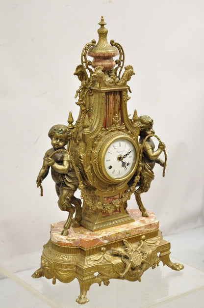 Vintage French Louis XV Style Brevetatto Italy Brass Marble Figural Cherub Clock