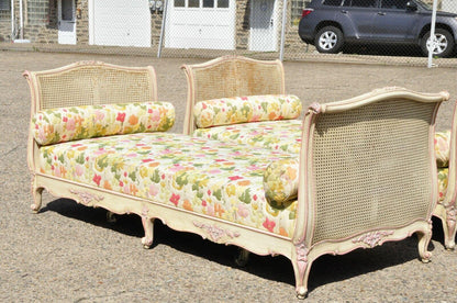 Vintage French Louis XV Style Pink & Cream Painted Cane Bed Daybeds - a Pair