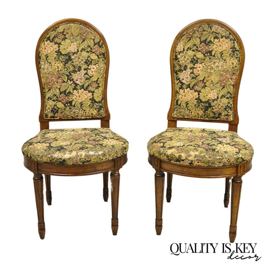 Vintage French Provincial Louis XVI Style Walnut Upholstered Side Chairs - Pair