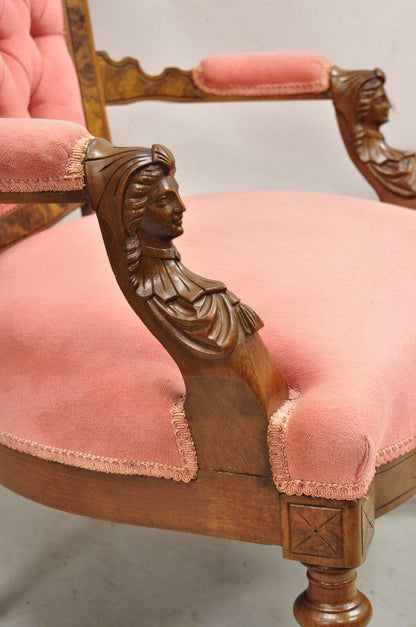 John Jelliff Victorian Renaissance Carved Walnut Figural Parlor Armchairs - Pair