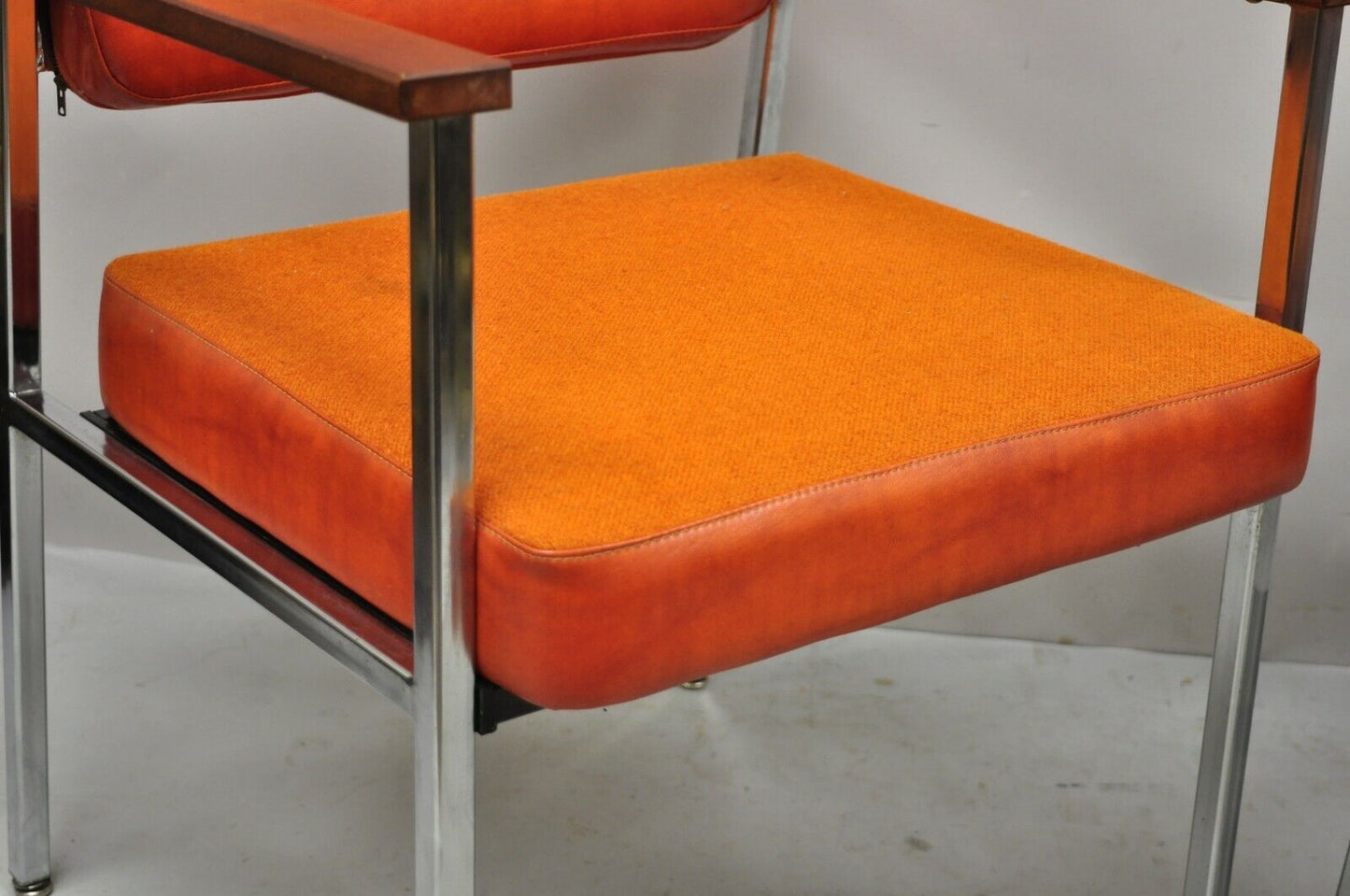 Mid Century Modern Orange Naugahyde Chrome Frame Lounge Arm Chairs by Malibu Ind