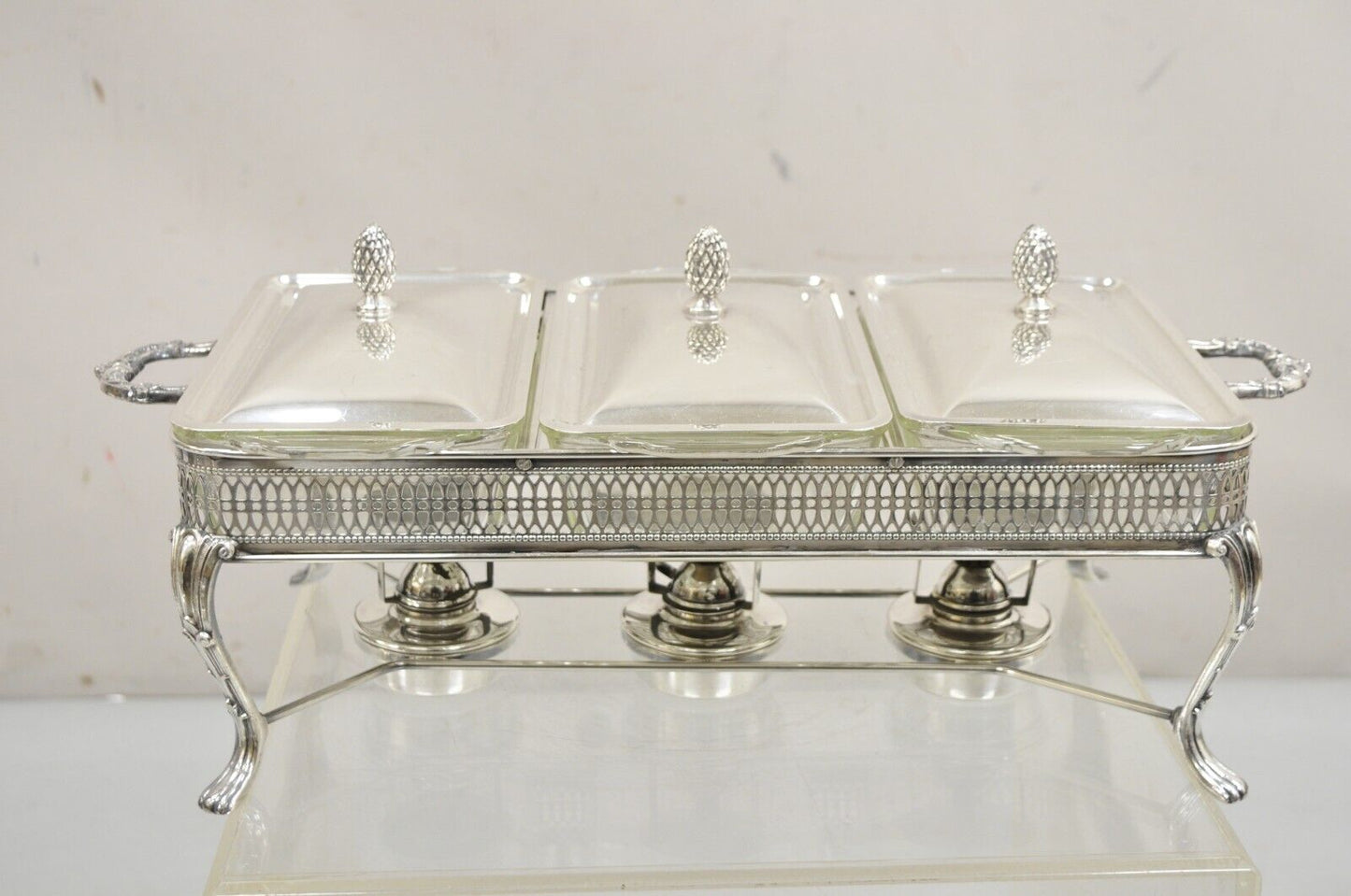 Vintage Sheffield Silver Co Silver Plated 3 Burner Warming Triple Chafing Dish