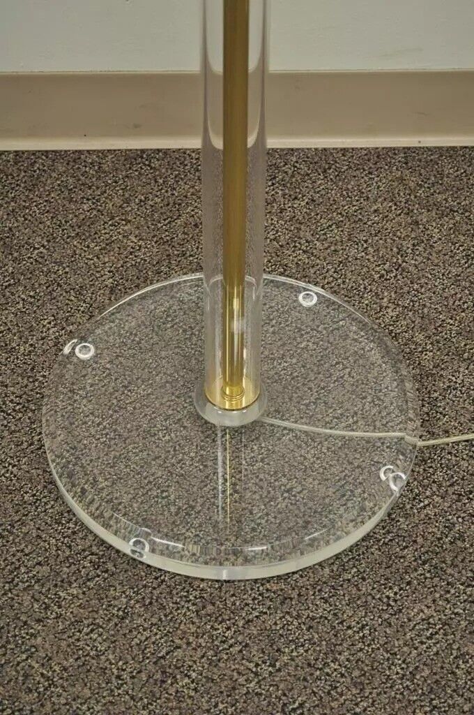 Vintage Mid Century Hollywood Regency Lucite Brass Glass Torchiere Floor Lamp