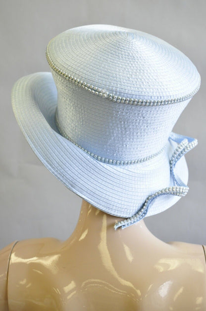 Sky Blue Beaded Ribbon Church Derby Top Hat Attributed to Shellie McDowell