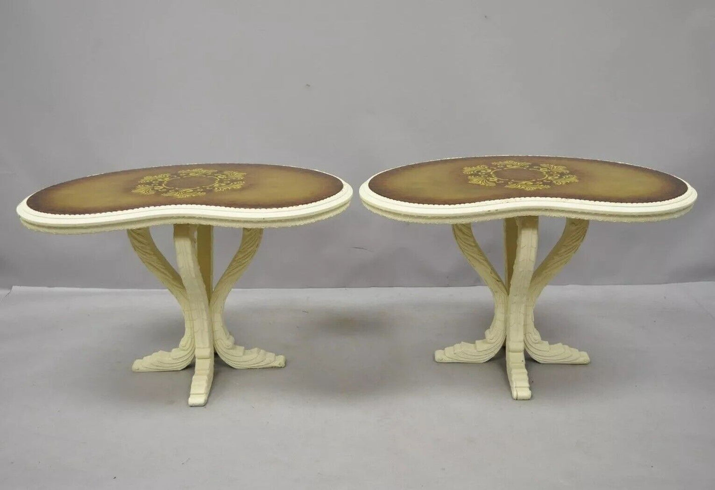 Vintage Hollywood Regency Gold Glass Kidney Shaped White Side Tables - a Pair