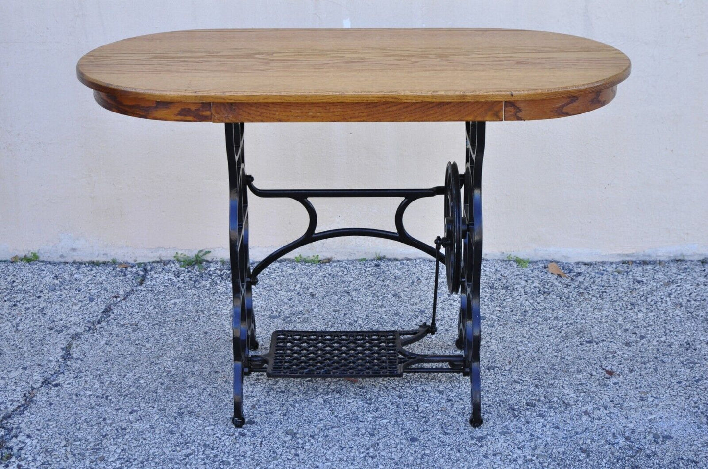 Antique Victorian Cast Iron Treadle Sewing Machine Base Side Table Oval Oak Top