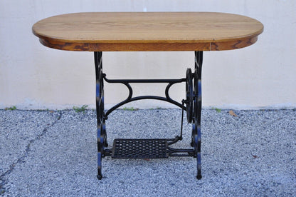 Antique Victorian Cast Iron Treadle Sewing Machine Base Side Table Oval Oak Top