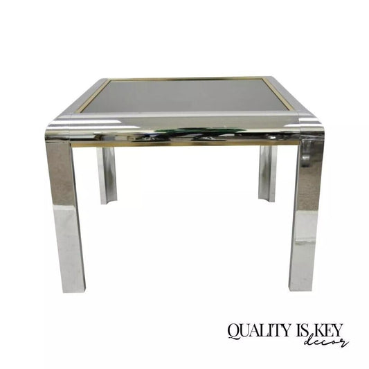 Mid Century Modern Polished Chrome Milo Baughman Style Glass Top Side Table