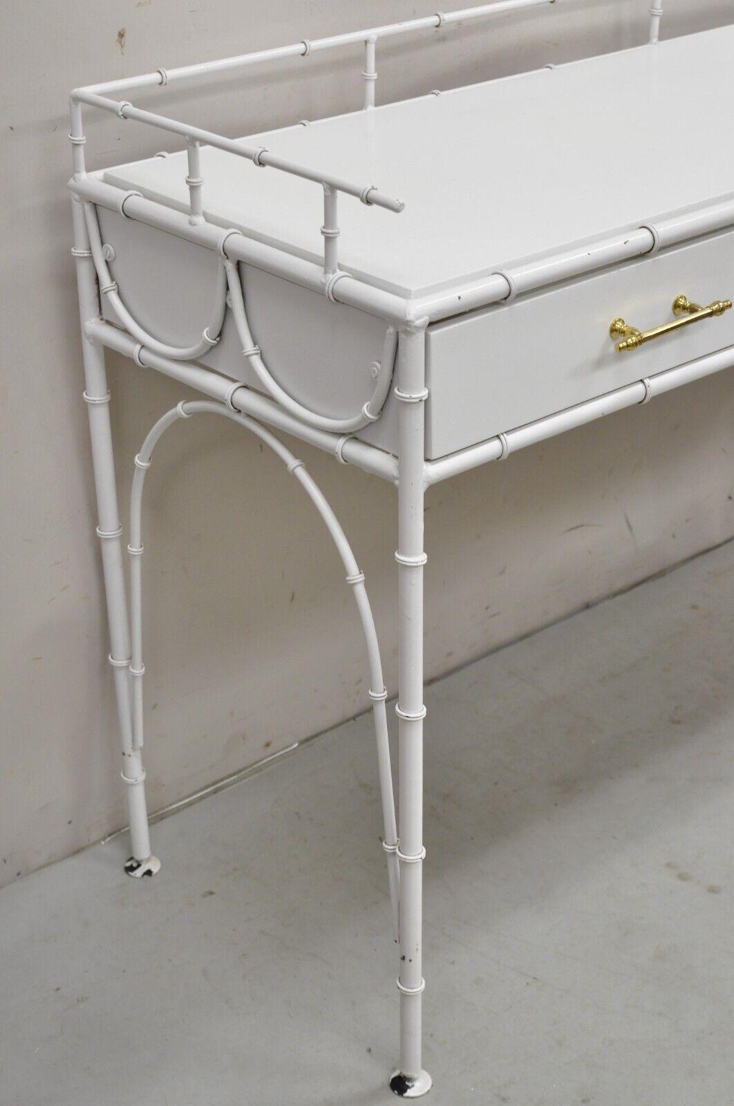 Vintage Hollywood Regency Faux Bamboo White 3 Drawer Metal Hall Console Table