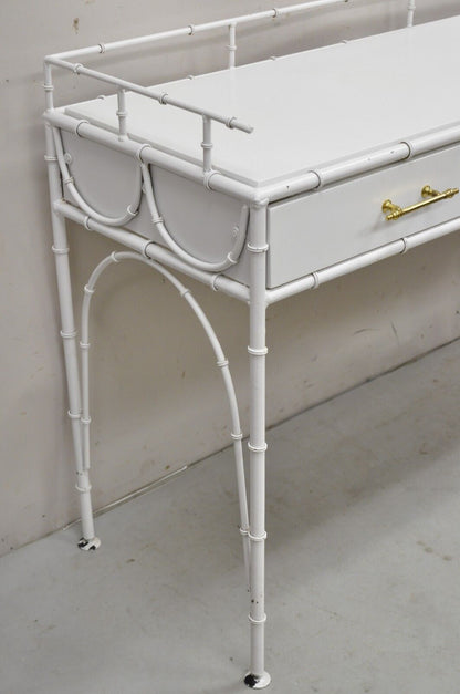 Vintage Hollywood Regency Faux Bamboo White 3 Drawer Metal Hall Console Table