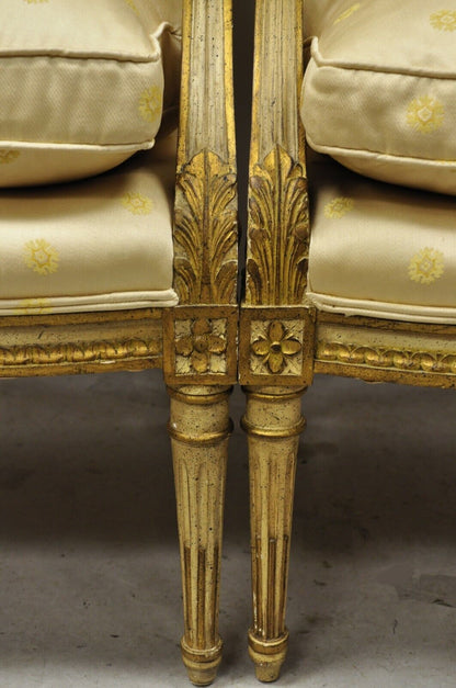 Pair French Louis XVI Neoclassical Gold Silk Fauteuil Parcel Gilt Arm Chairs