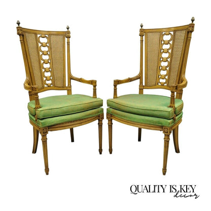 Vintage French Hollywood Regency Tall Cane Back Carved Link Chairs - a Pair