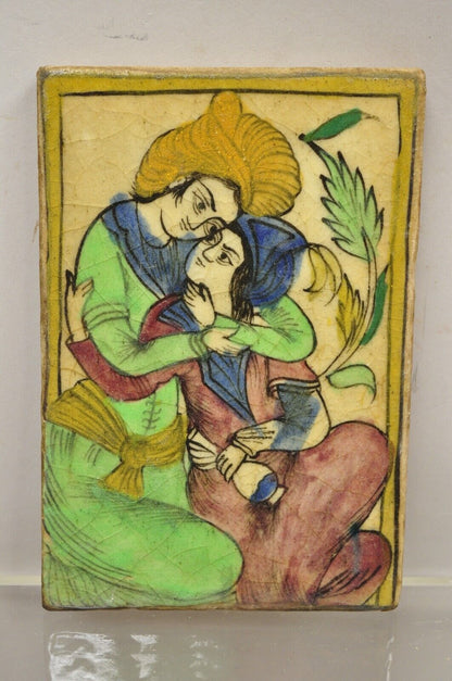 Antique Persian Iznik Qajar Style Green Ceramic Pottery Tile Loving Couple C5