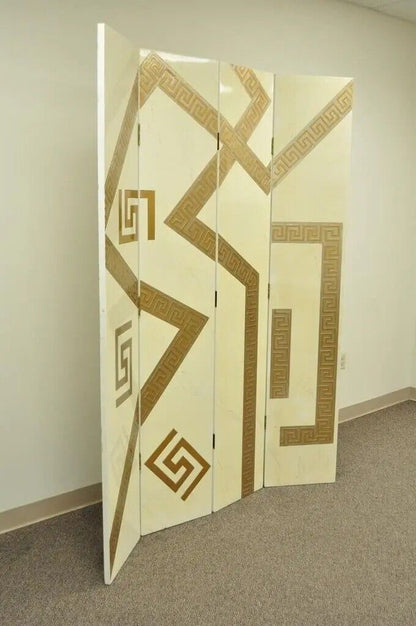 Artmax Hollywood Regency Style Greek Key 4 Panel Cream Gold Screen Room Divider