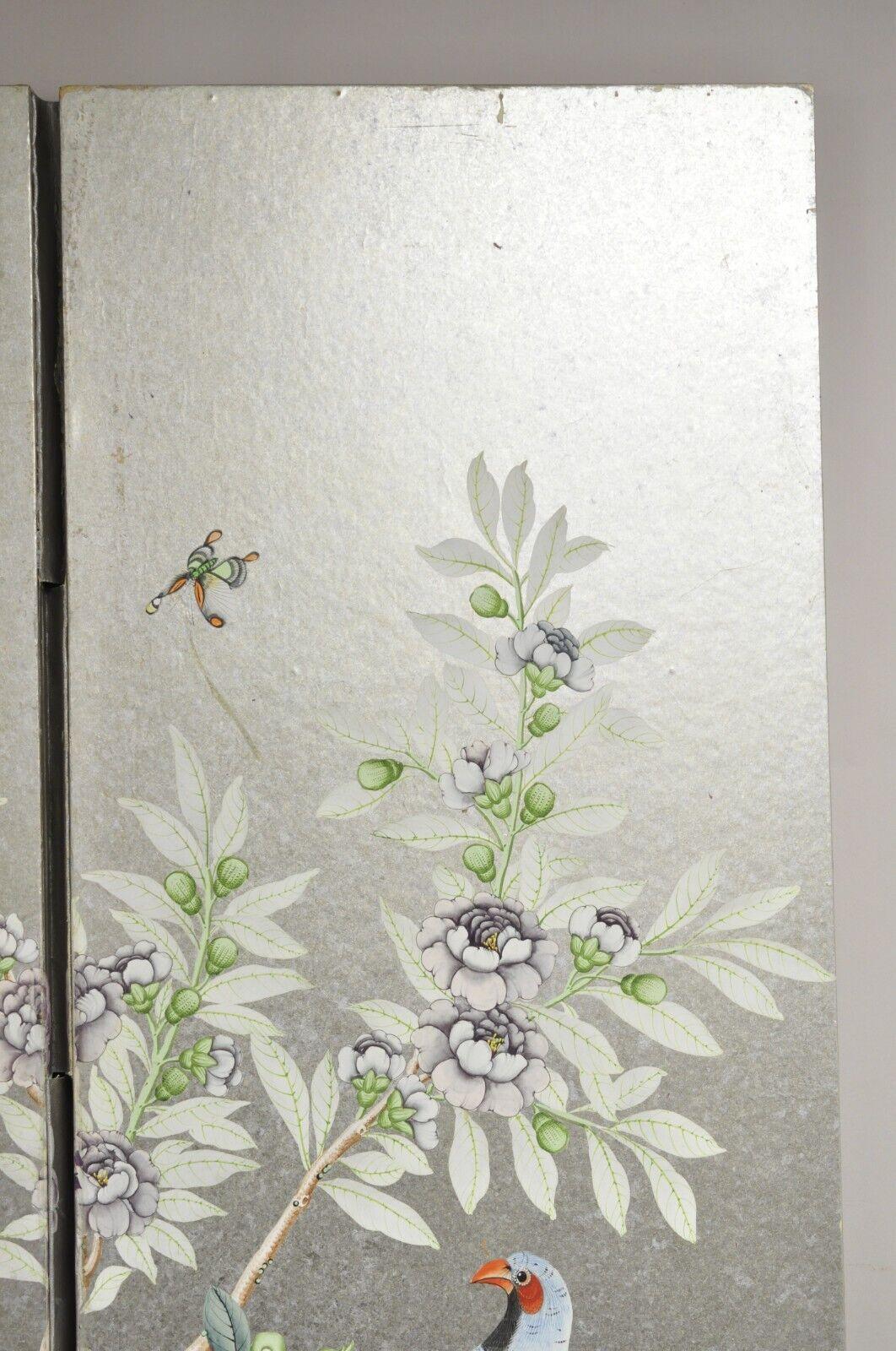 Vintage Chinoiserie Silver Leaf Birds Butterflies 4 Panel Screen Room Divider B