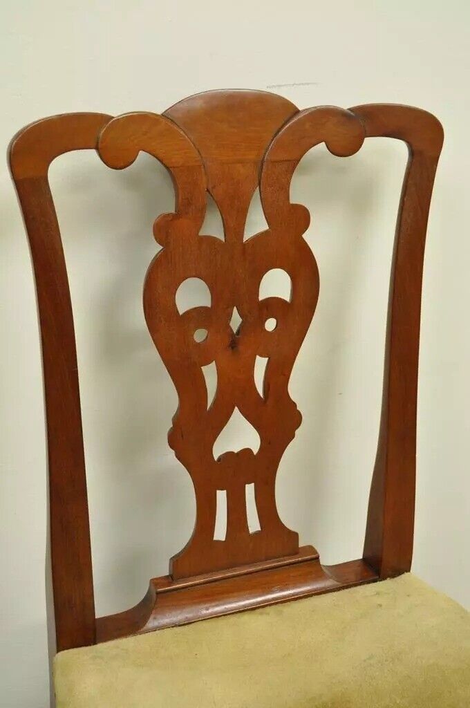 Antique Chippendale Queen Anne Style Mahogany Dining Side Chair with Suede Seat