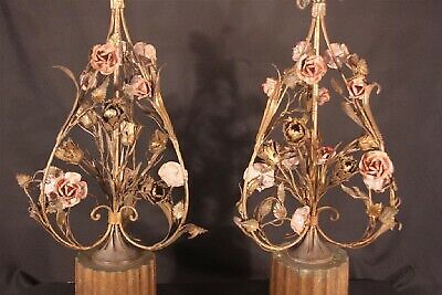 Pair of Antique Italian Tole Metal Hand painted Floral Table Lamps