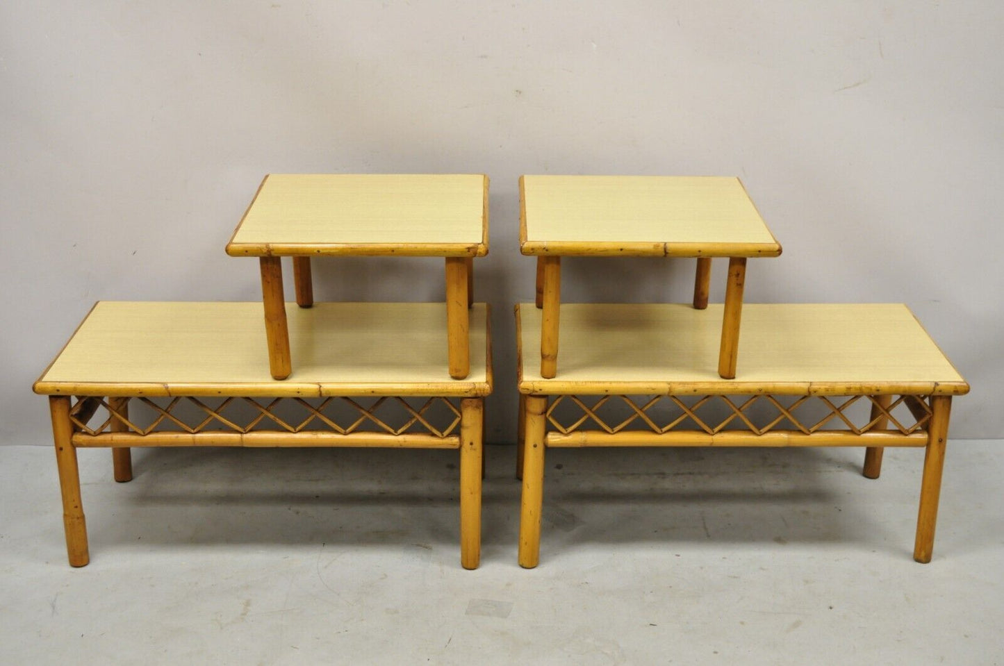 Vintage Tiki Rattan Mid Century Bamboo Step Up End Tables - a Pair