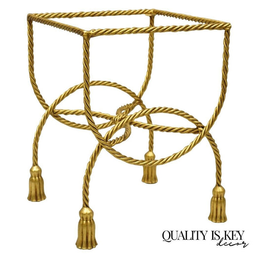 Italian Hollywood Regency Gold Gilt Iron Rope Tassel 20" Vanity Stool Side Table