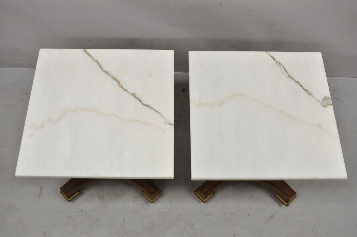 Vintage Low Marble Top Empire Style Pedestal Side Tables by Imperial - a Pair