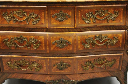 French Louis XV Style Inlaid Marble Top Bombe Commode Chest with Bronze Figures