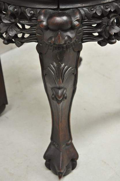 Antique Chinese Carved Hardwood Foo Dog Marble Top 18" Plant Stand Side Table