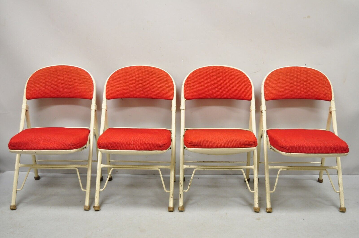 Vintage American Seating Metal Frame Red Upholstered Folding Chairs - Set of 4