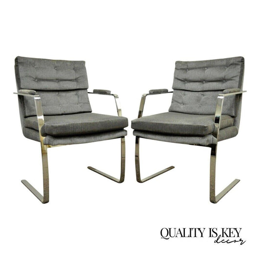 Mid Century Modern Milo Baughman Style Chrome Steel Cantilever Arm Chairs - Pair