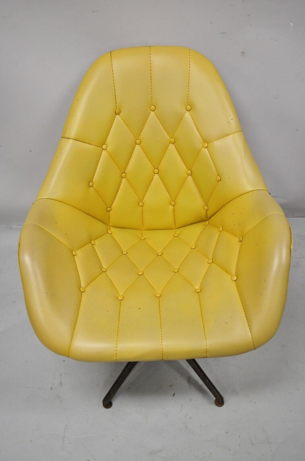 Mid Century Modern Yellow Tufted Naugahyde Swivel Butterfly Club Lounge Chair