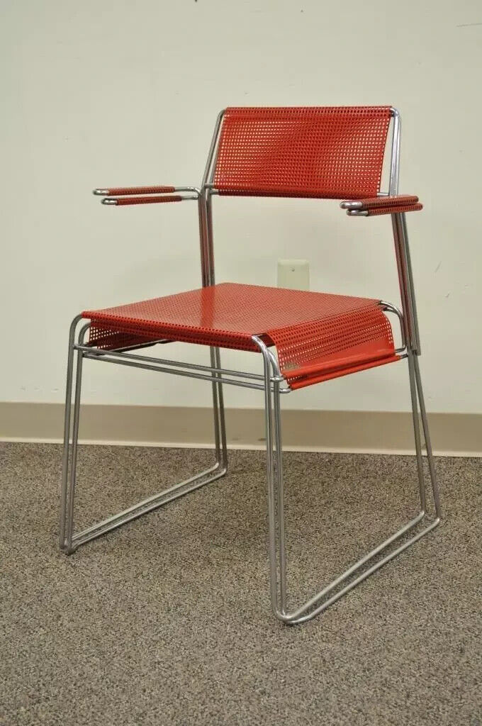 Vintage Tomado Mid Century Modern Red Stacking Chrome Metal Mesh Chairs A - Pair