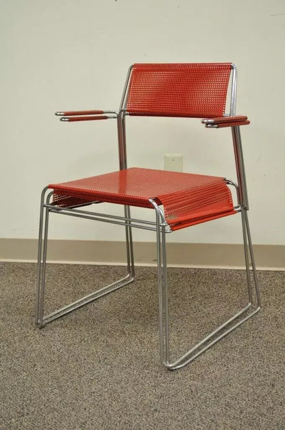 Vintage Tomado Mid Century Modern Red Stacking Chrome Metal Mesh Chairs A - Pair