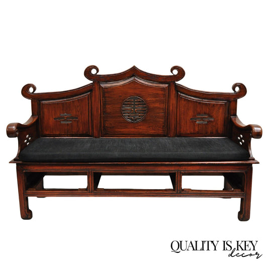 Vintage Chinese Mahogany Carved Wood Pagoda Sofa Hall Wedding Bench