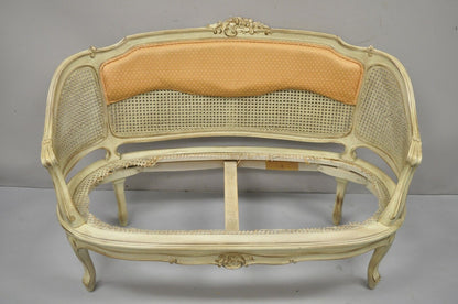 Vintage French Louis XV Victorian Style Small Cane Cream Settee Loveseat Sofa