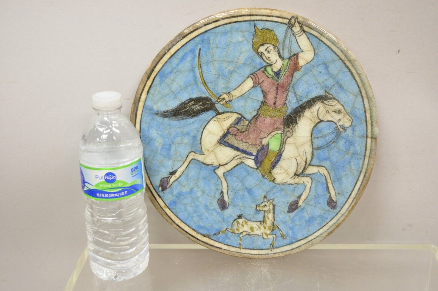 Antique Persian Iznik Qajar Style Ceramic Pottery Round Tile Blue Horse Rider C4