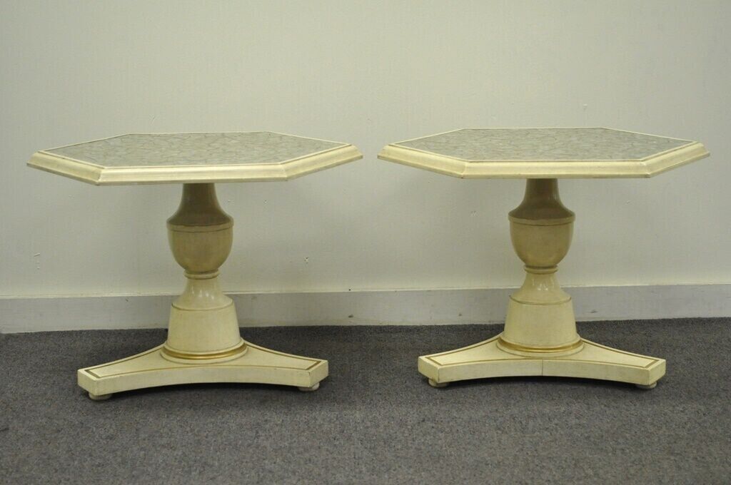 Hollywood Regency Mosaic Glass Tile Top Low Pedestal Side Tables - a Pair