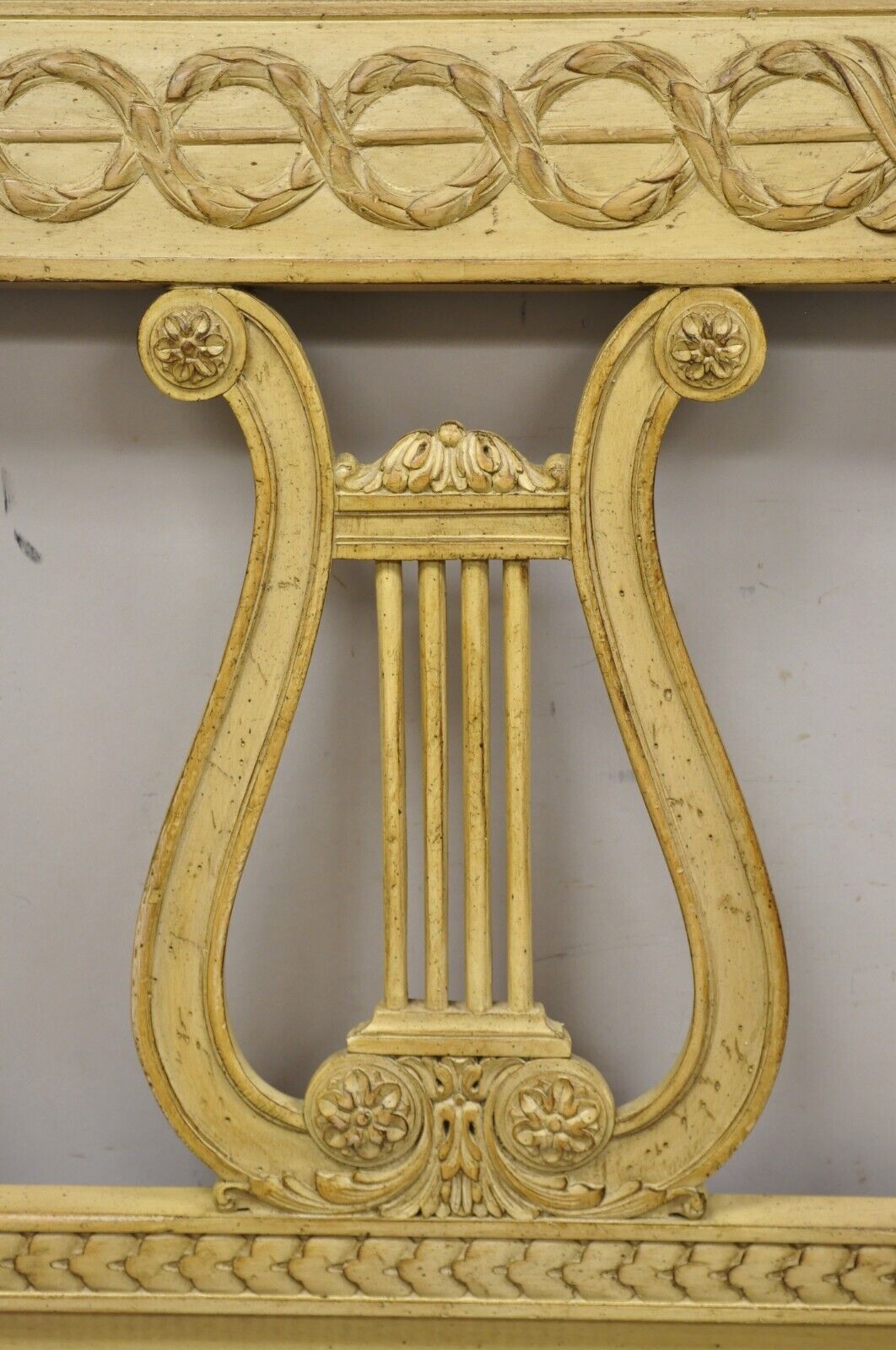 Vintage King Size Neoclassical Style Carved Lyre Harp Wooden Bed Headboard