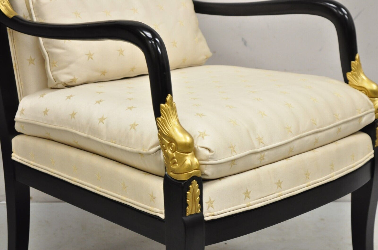 Ethan Allen French Empire Style Black Lacquer Gold Dolphin Upholstered Arm Chair