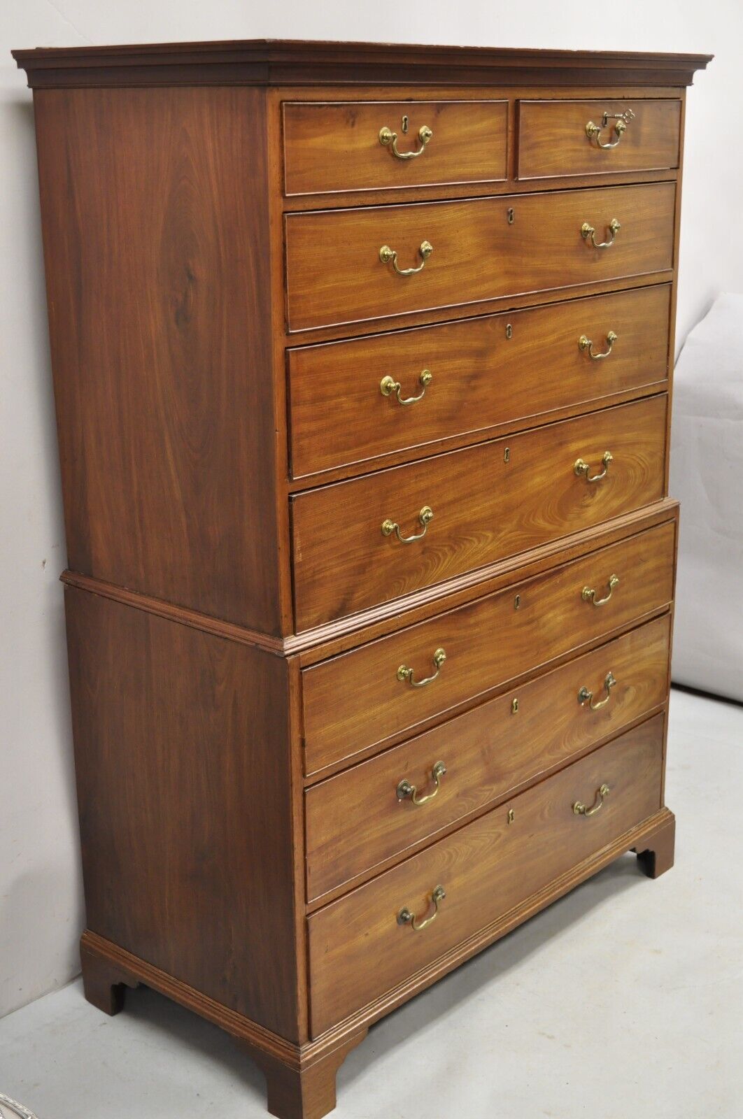 19th C. George III Mahogany Highboy Tall Chest on Chest 8 Drawer Dresser