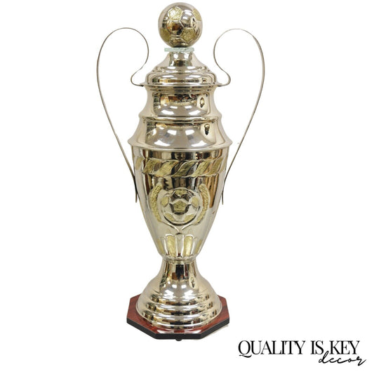 Large Modern Soccer Futbol Twin Handle Silver Metal Trophy Cup Award With Ball