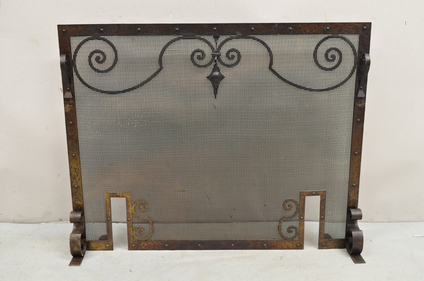 Antique Gothic Spanish Renaissance Hammered Iron Scrolling Fireplace Screen